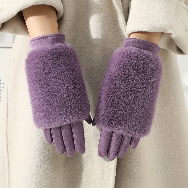 TEMU Women's Winter Plush-lined Touchscreen Gloves, 1 Pair, Windproof, Cold-proof, And Dual-use With Plush Cover