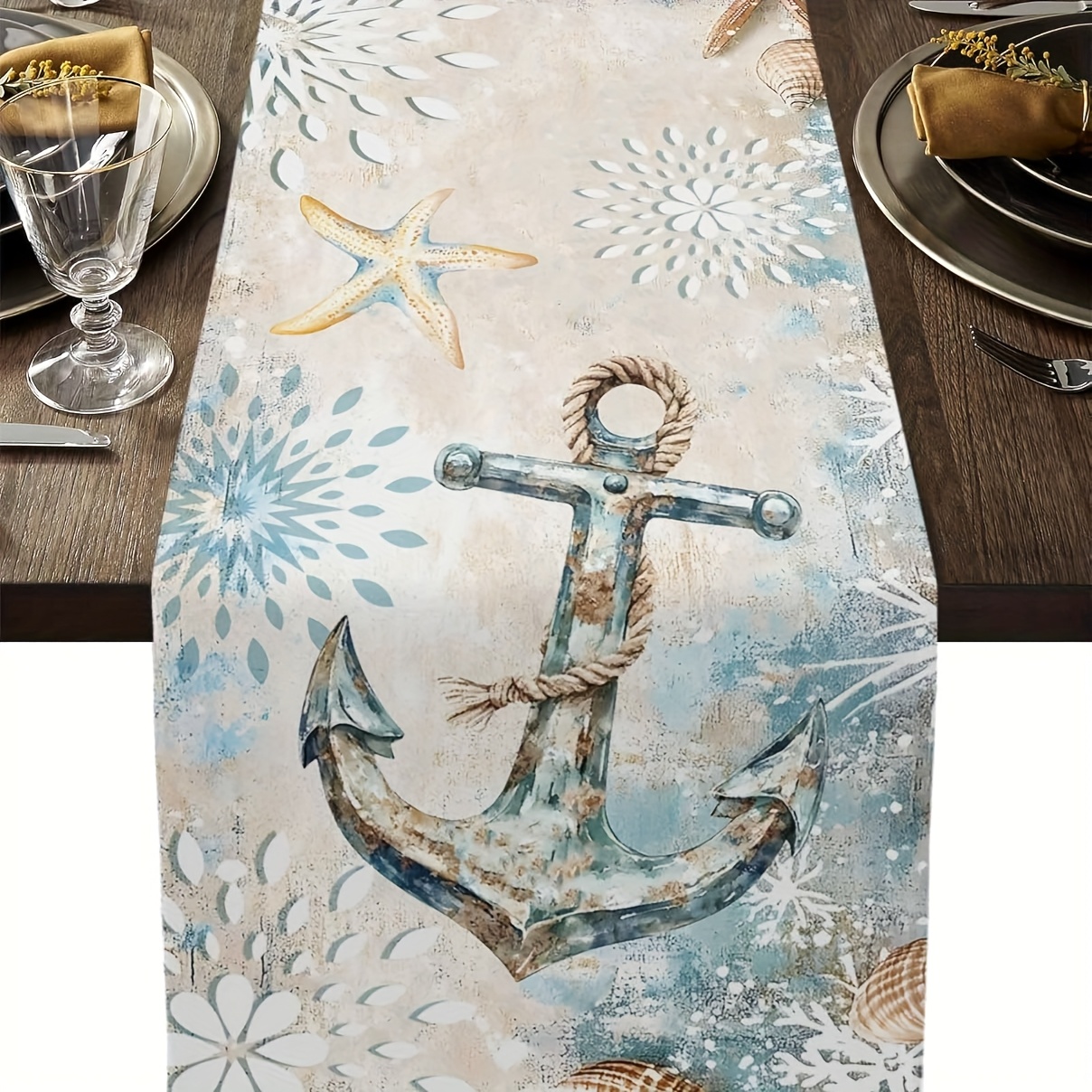 TEMU 1pc, Table Runner Dresser Scarves, Theme Nautical Anchor Rectangle Kitchen Tabletop Runners, Retro Starfish Abstract Art Dining Table Decoration