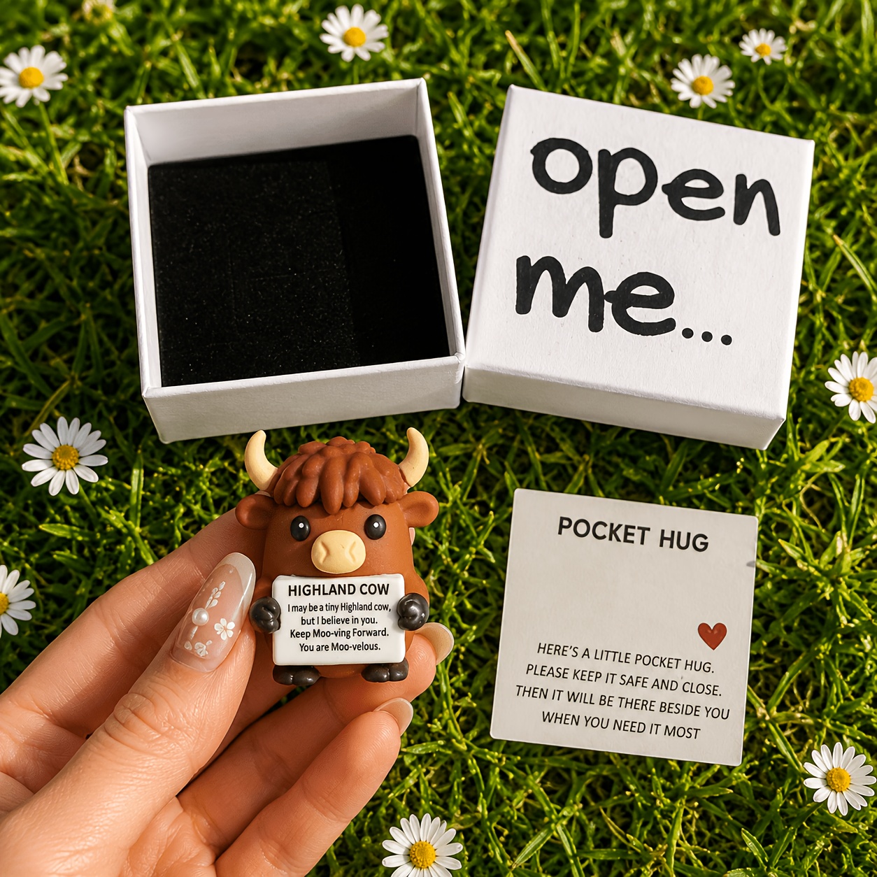 TEMU Highland Cow Pocket Hug Gift Box, Cute Mini Cow Figurine With Funny Message, Pocket Hug Card, Small Inspirational Gift For , Cow Lovers,