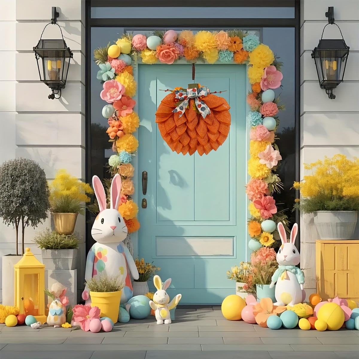 

36cm/14.41in Easter Pumpkin Wreath With Bows And Berries, Front Door Decorations Burlap Pumpkin Garland Spring Wreath For Front Door Wall Window Easter Decor