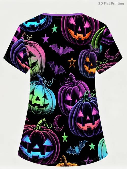 item picture a stylish halloween v neck womens printed nursing uniform featuring vibrant jack o lantern prints dark fluorescent bats and stars this womens is comfortable and breathable with a dual making it versatile for home