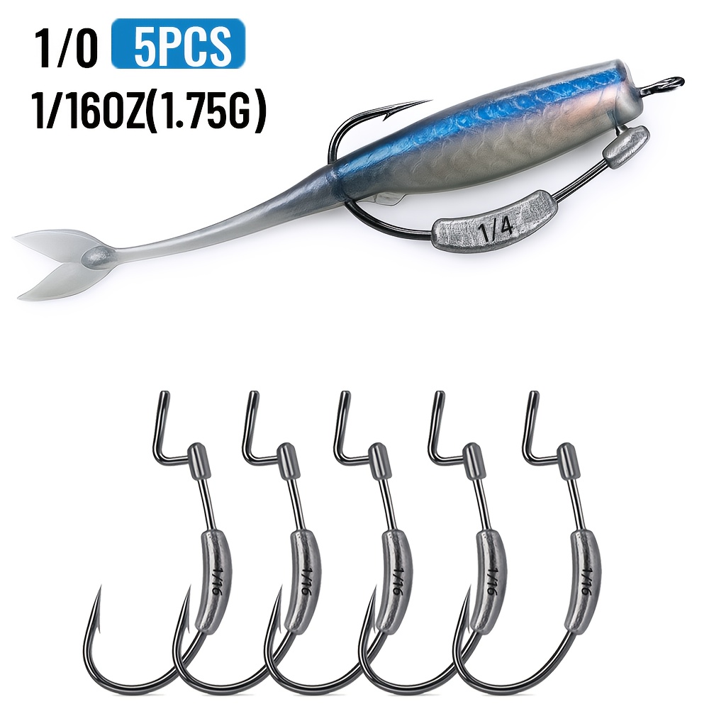 TEMU 5pcs Curved Hooks With Lead â Multiple Weights Available: 1.75g, 3.5g, 5g, 7g â High-quality Single Hooks For Soft Bait Fishing â Durable &