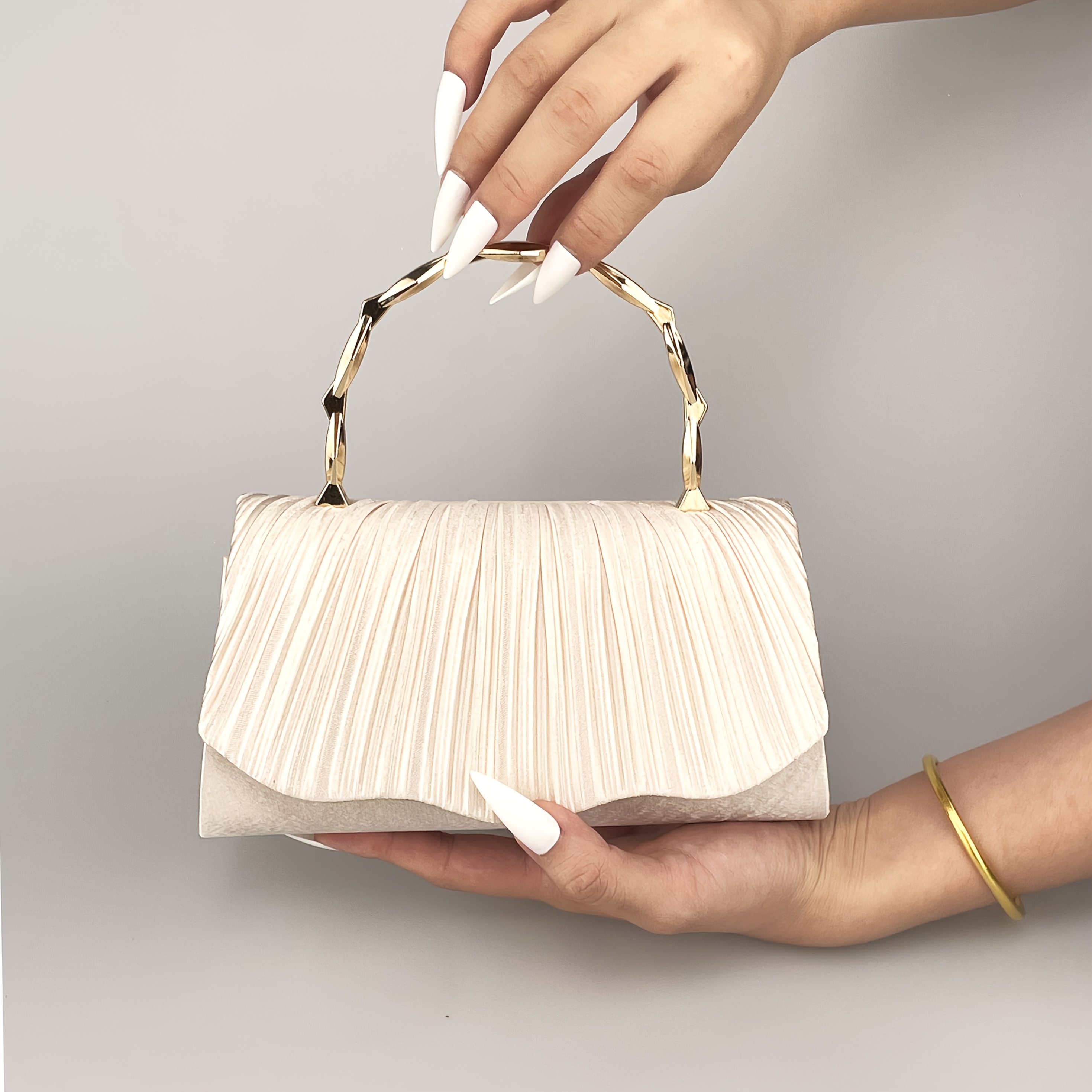Milk Apricot Satin Fan Fold Women's Evening Clutch With Gilded Geometric Metal Handle, A Delicate Accent For Wedding