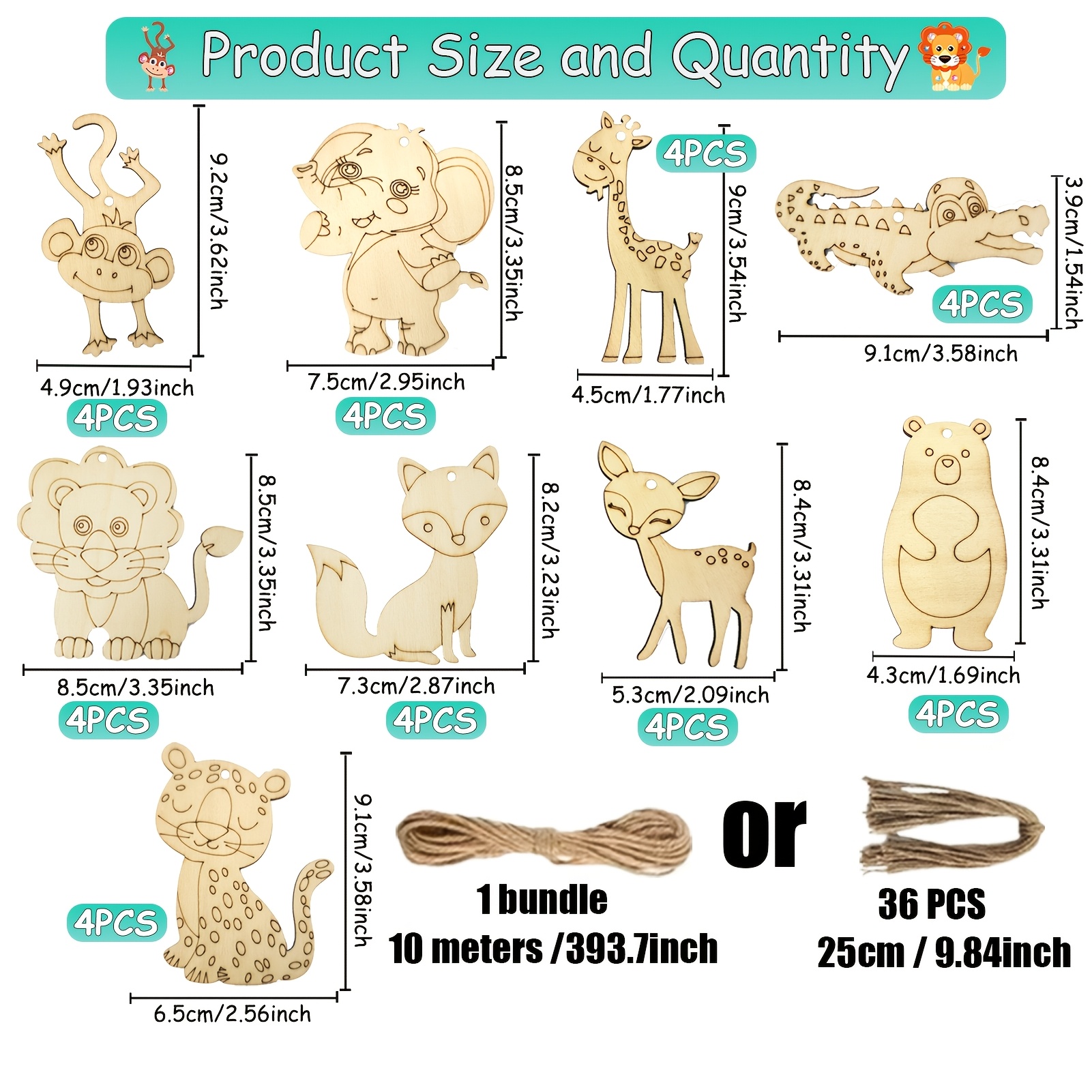 Image of Animal Wooden Crafts, Animal Woodworking Kit, Wooden Pendants, 9 Animal Themes - Includes 36 Unfinished Animal Wood Pieces, 1 Jute Rope (10 Meters), Kids Craft Kit, Spring Woodworking