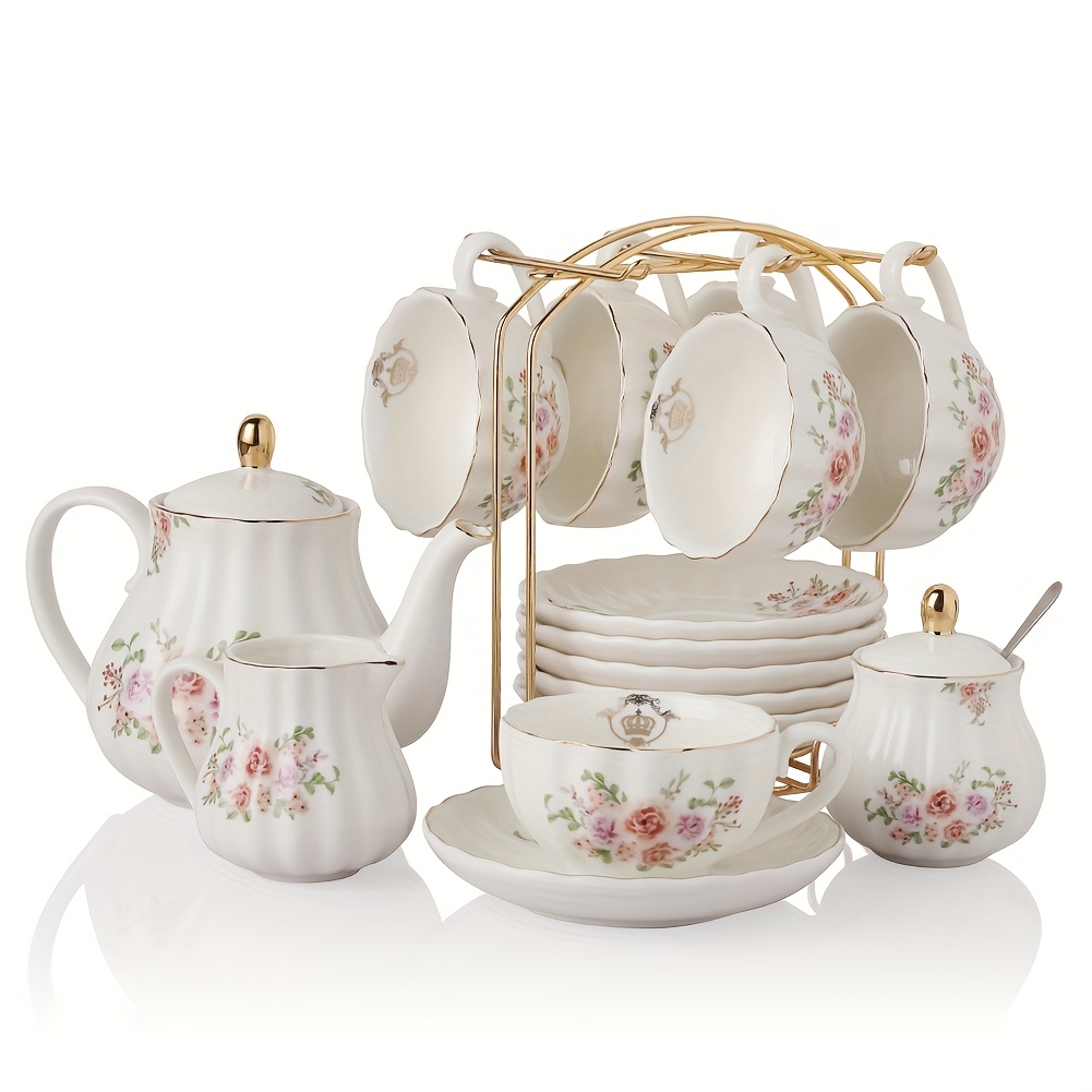 Sweejar Porcelain Tea Sets Series, 8oz Cups & Saucer Service For 6, With Teapot Sugar Bowl Cream Pitcher Teaspoons And Tea Strainer, Suitable For High Tea, Wedding, Party