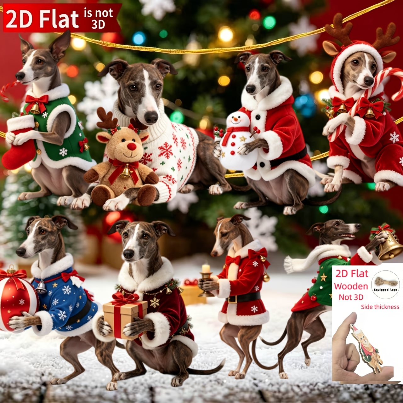 TEMU 2d Flat 8pcs Christmas Greyhound Wooden Ornaments, Classic Holiday Element Printed Shapes, For Christmas And New Year Decor And Gifts, Suitable