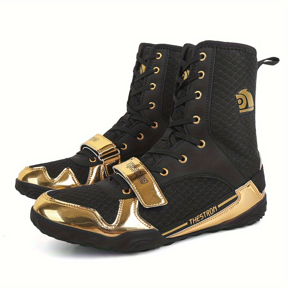 TECDOTO Boxing Shoes Men Hi-top Boxing Boots, Training Shoe For Adult Youth, Men's Athletic Casual Shoes Gym Boots, Gold-black-38EU