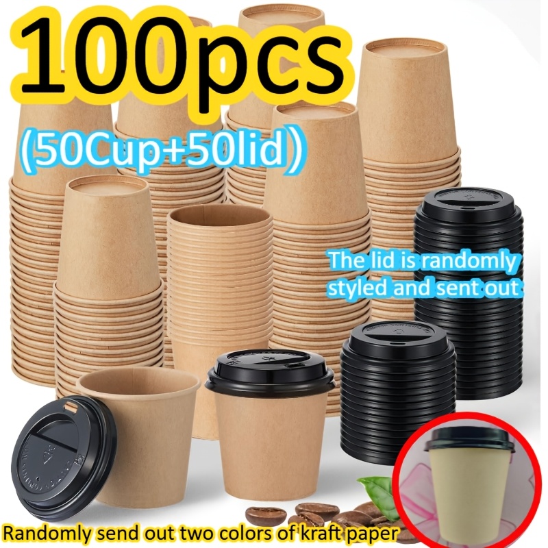 Image of 100pcs (50 Cups+50 Lids) 8oz Disposable Paper Coffee Cups With Lids, Mini Espresso Cups For Travel And Office Use, Tea, Hot Chocolate, And Cold Drinks(random Pattern Style Lid)