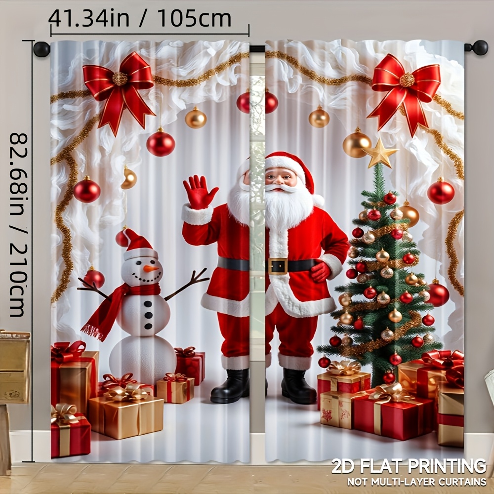 TEMU 2pcs Christmas Curtain Set - Santa Claus And Snowman Print, Red And Golden Festive Decor, Semi-transparent Light Filtering Polyester Curtains