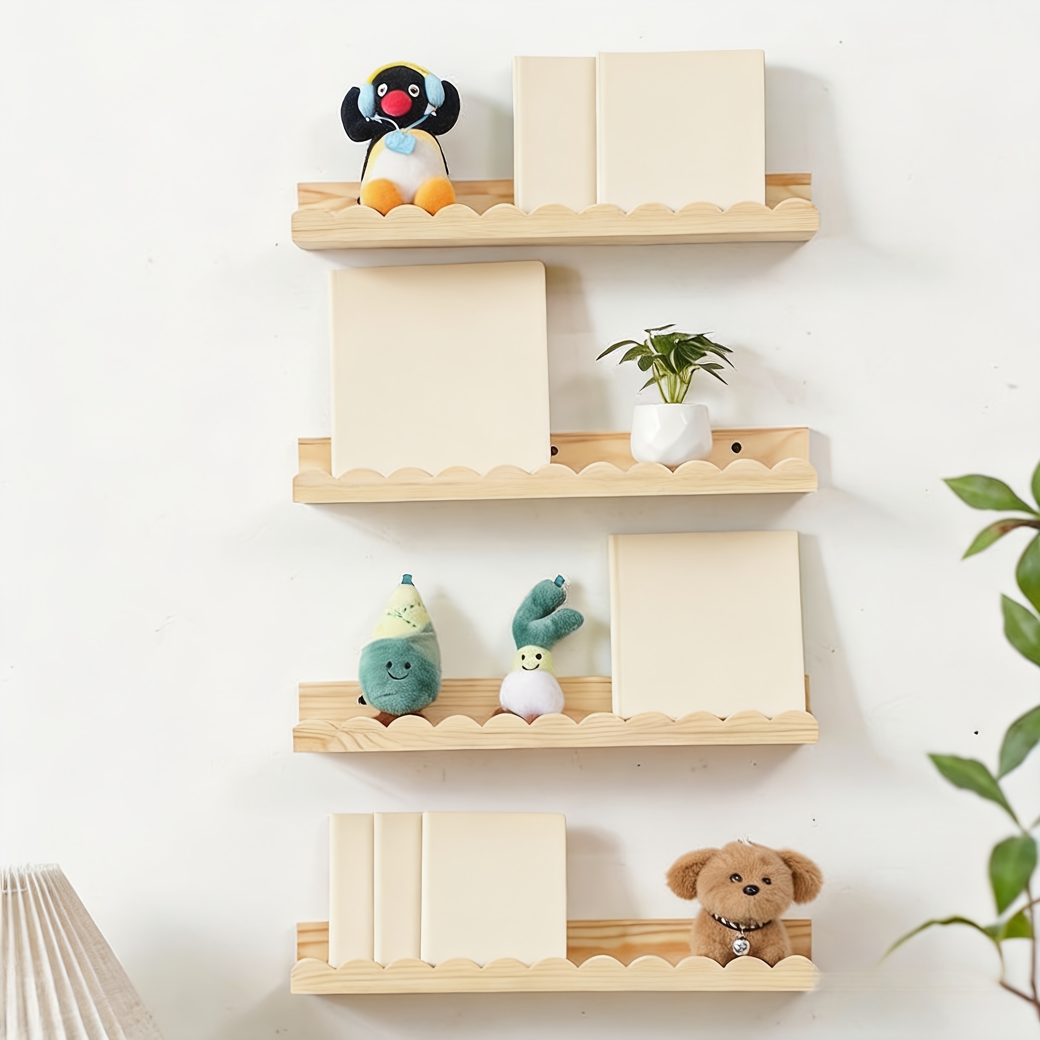 Image of Wooden Floating Shelf, Overlaid Bookshelf Wall Set, Natural Solid Pine Wood Wall Shelves For Bedrooms, Toddlers' Rooms, And Nurseries