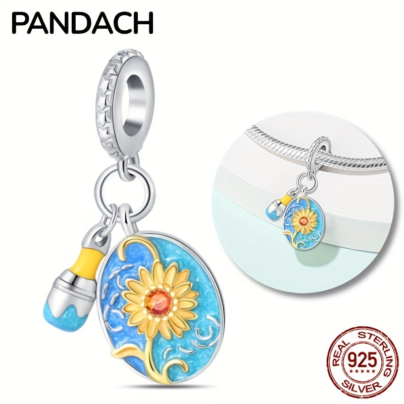 

100% 925 Sterling Silver Beautiful Oil Painting Sunflower Dangle Charm - Perfect For Diy Jewelry Making