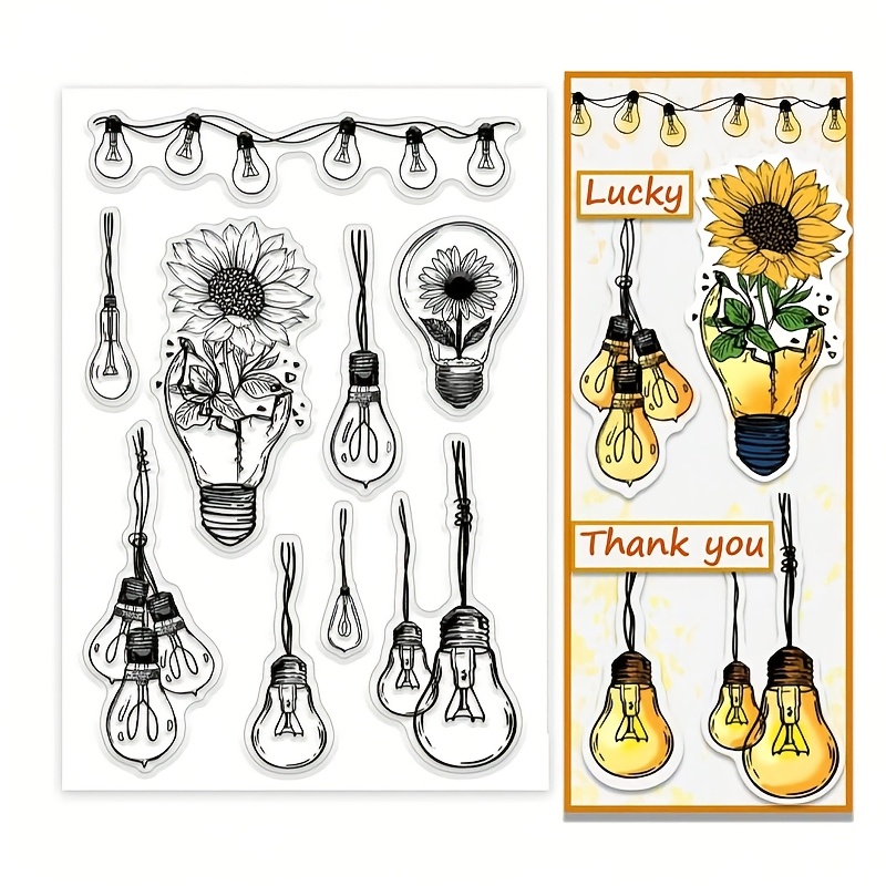Image of A Transparent Light Bulb Stamp For Card Making, Along With A Flower Rubber Stamp, Is Used For Journaling And Crafting Paper Photo Cards In Albums