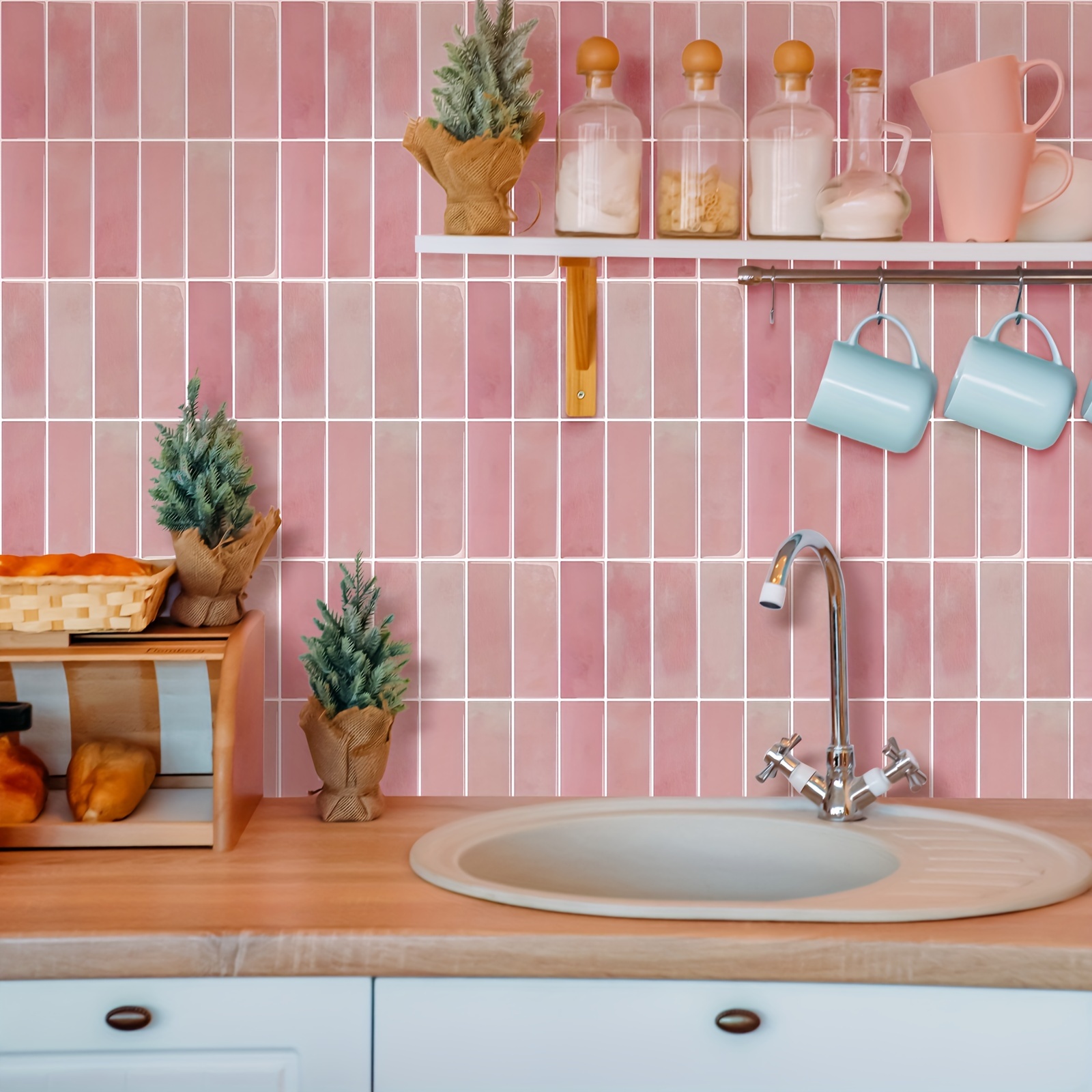 

5-pack Peel And Stick Pink Plaid Tiles - 12x12 Inch 3d Embossed Pet Wall Hanging Decor With Self-adhesive For Easy Installation, Perfect For Kitchen, Bathroom, And Sink Areas