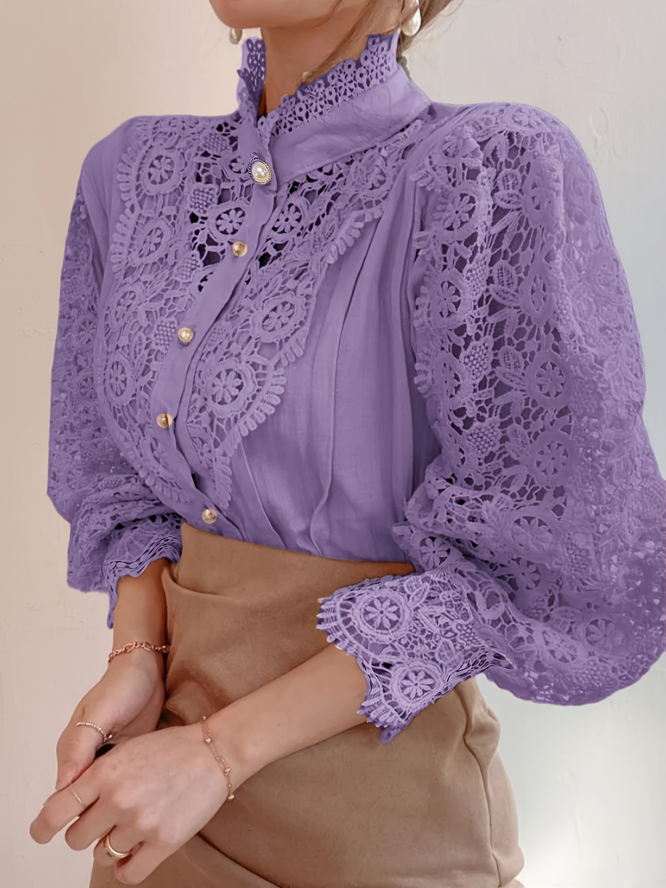 womens elegant lace blouse high neck long sleeve shirt Temu Ireland - Main Image