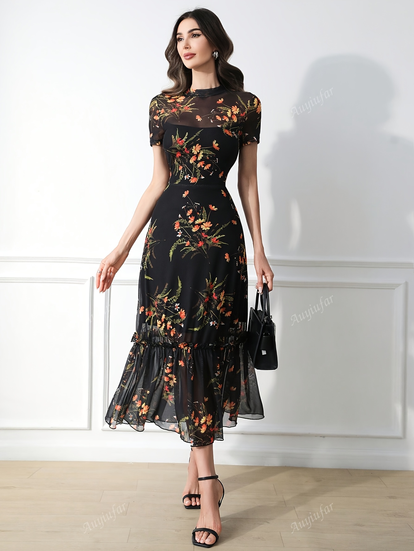 fitted midi mesh dress Flare Long Sleeve Halter Neck Lace Up Slit Maxi Dress, Pink / XS main image 1