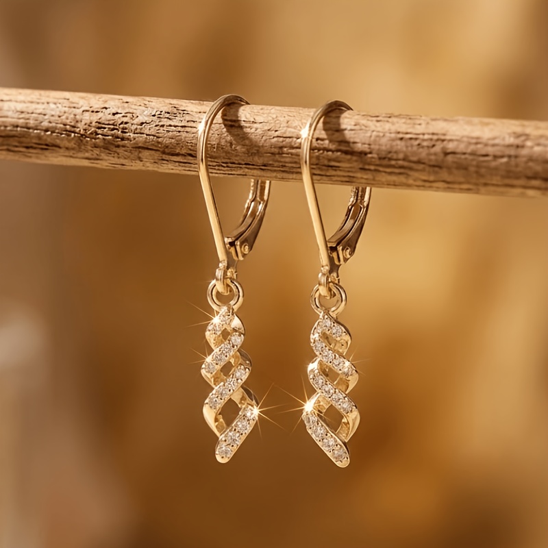 TEMU Women's Elegant Twisted Spiral Drop Earrings, Sparkling Pave-set Cubic Oxidized Zirconia Drop Ear Jewelry, Minimalist Aesthetic Accessory,