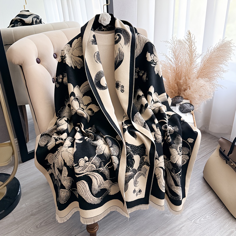 TEMU Elegant Women&;s Shawl Scarf, A Stylish Cape Blanket Perfect For Outdoor During Autumn And Winter, Featuring A Double-sided Printed Design