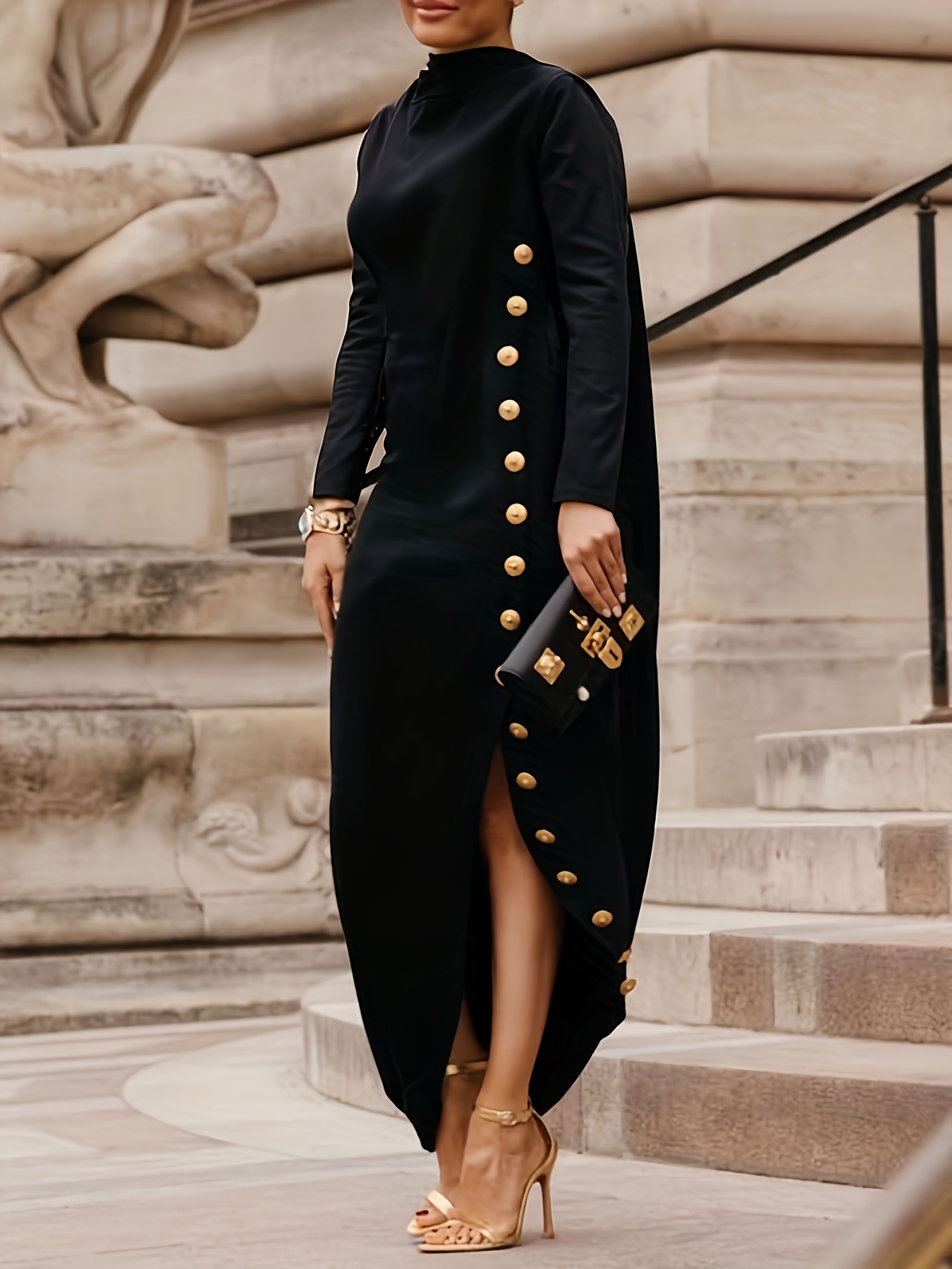 Women's Long Sleeved Loose Asymmetric Button Slit Seam Side Slit Half High  Neck Long Dress, Loose * Commuting Long Dress