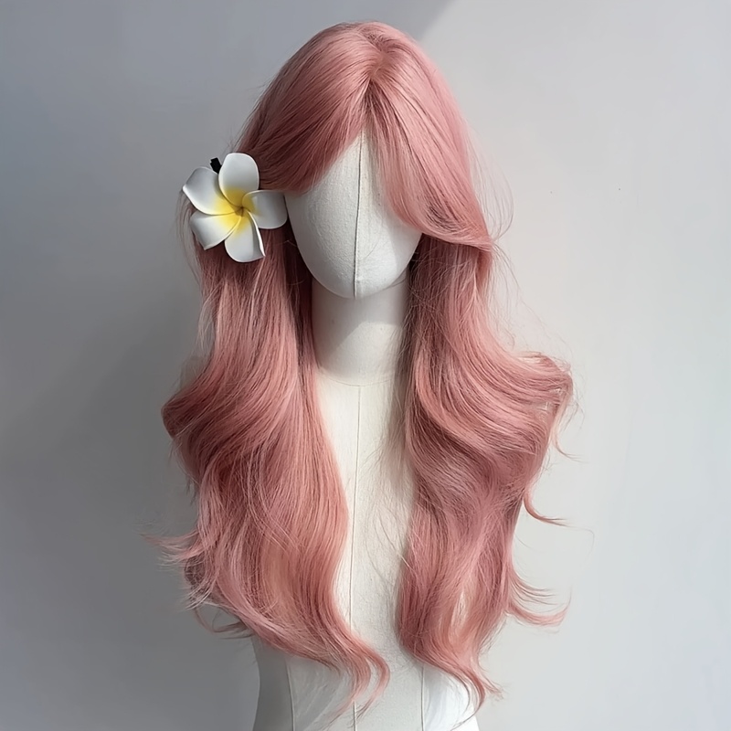 E-shop 26-Zoll Damen-Perücke mit Mittelscheitel Pony, Kirschblütenrosa, gewellt, lang, lockig, europäischer Stil, , elegant, für Partys, für strahlende