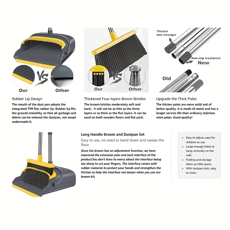 juteng local broom and dustpan set long handle sweep combo for home office kitchen   shop upright dustpan 4 row of dense bristles sweeper indoor outdoor cleaning stand up broom dust pan set gray yellow Product details 0