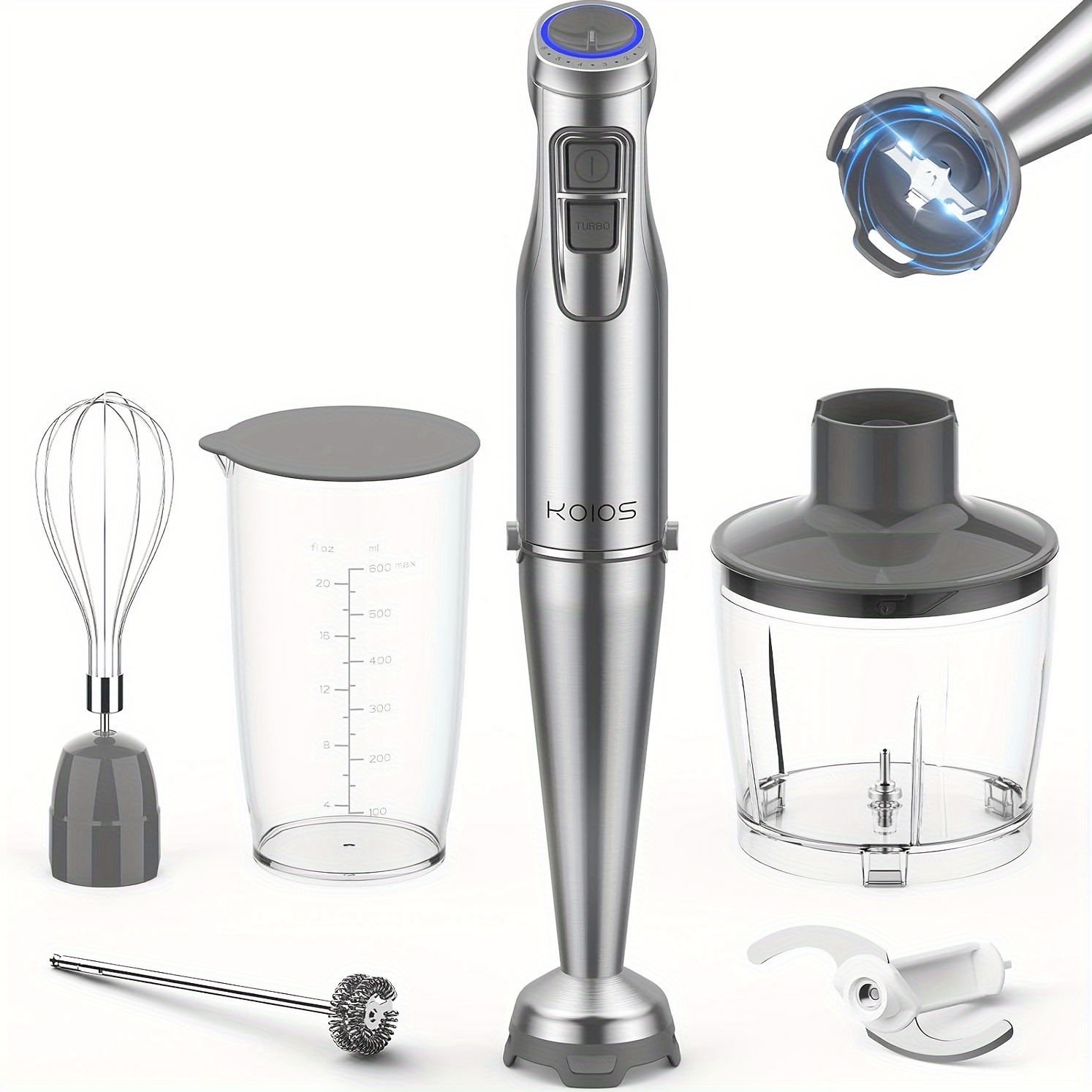 

Koios Hb-8804 Electric Hand Blender - Stainless Steel, 12-speed Turbo Mode, 600ml/20.3oz Mixing Cup, Detachable Base, Whisk & Milk Frother - Smoothies, Soups, Purees, And More - Us Plug