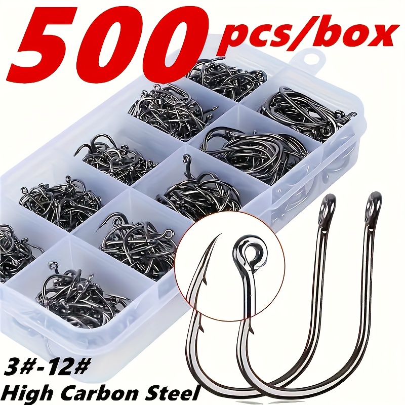 500pcs sharp carbon steel fishing hooks set round single barbed hooks assorted sizes 3 12 durable fishing tackle accessories black 0