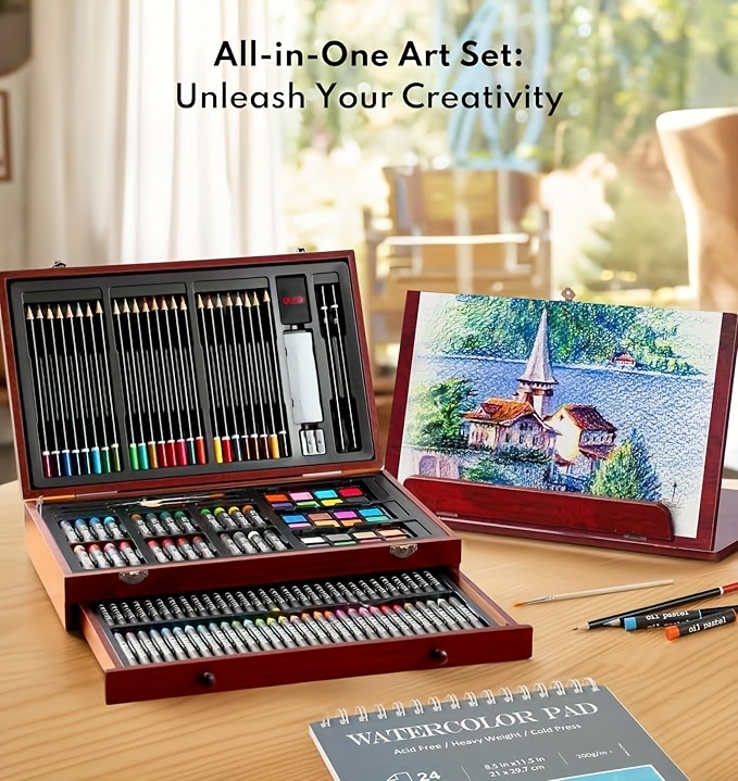 145pcs Of Luxurious Art Sets, Including Wooden Boxes And Painting Tool Kits. Each Set Contains Crayons, Oil Pastels, Colored Pencils, Watercolor Paints, Sketching Pencils, Paintbrushes, Pencil Sharpeners, Erasers, And Color Cards. They Are Perfect As Easter Gifts.