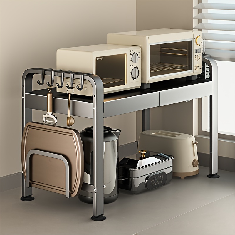 Mensola Espandibile Per Microonde A 3 Livelli - Supporto Regolabile 40-60cm Con 8 Ganci, Nero - Foto 3