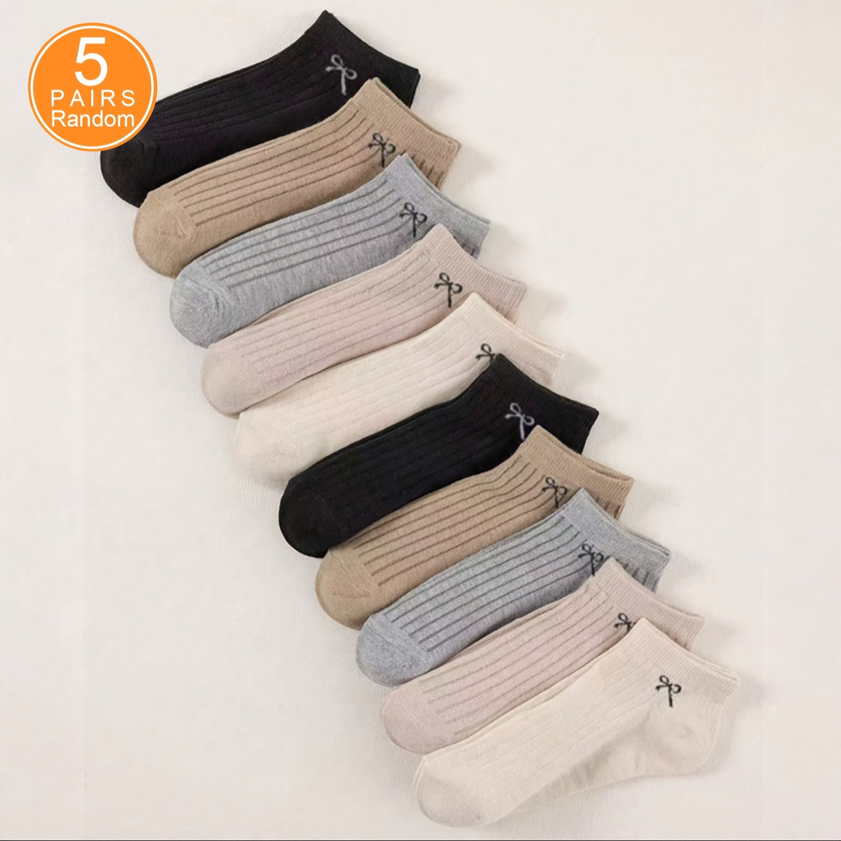 E-shop Zufällige 5 Paar Damen Schleifen Low-Cut Socken für Frühling Sommer Herbst, Freizeitkleidung Damen All-Match Süße Mode Leicht, Bequem Weich