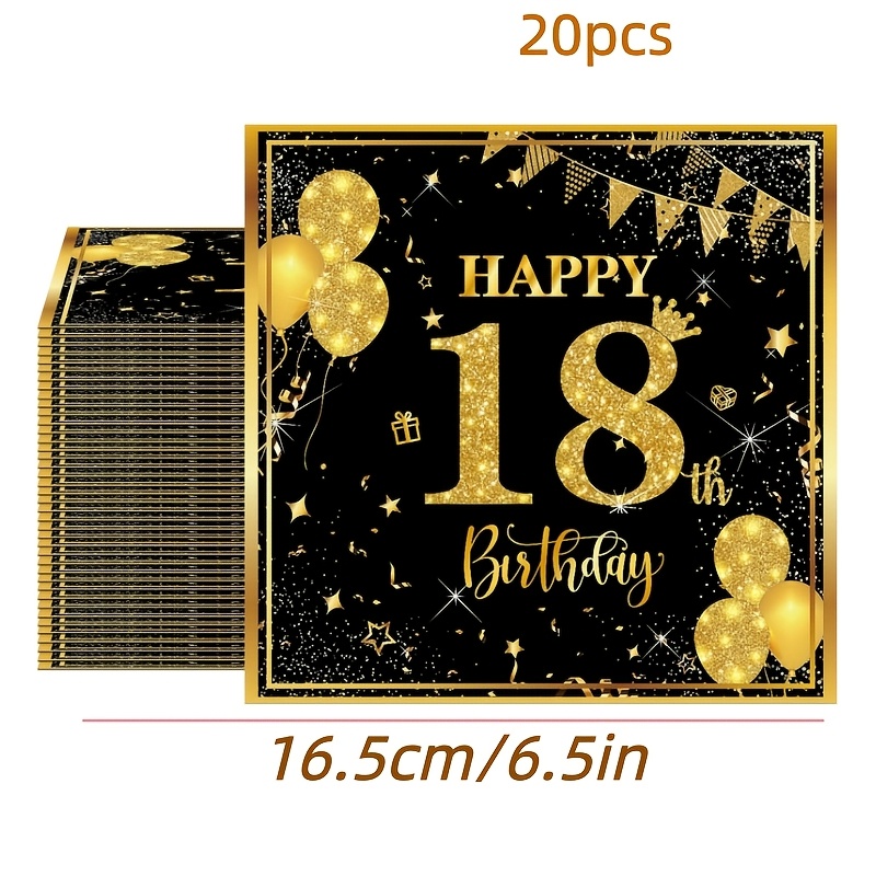E-shop 20 Stück Schwarze und goldene "Happy Birthday" Servietten | Geeignet für 18. Geburtstag, 18. Jahrestag, Partys mit Schwarz-Gold-Thema,