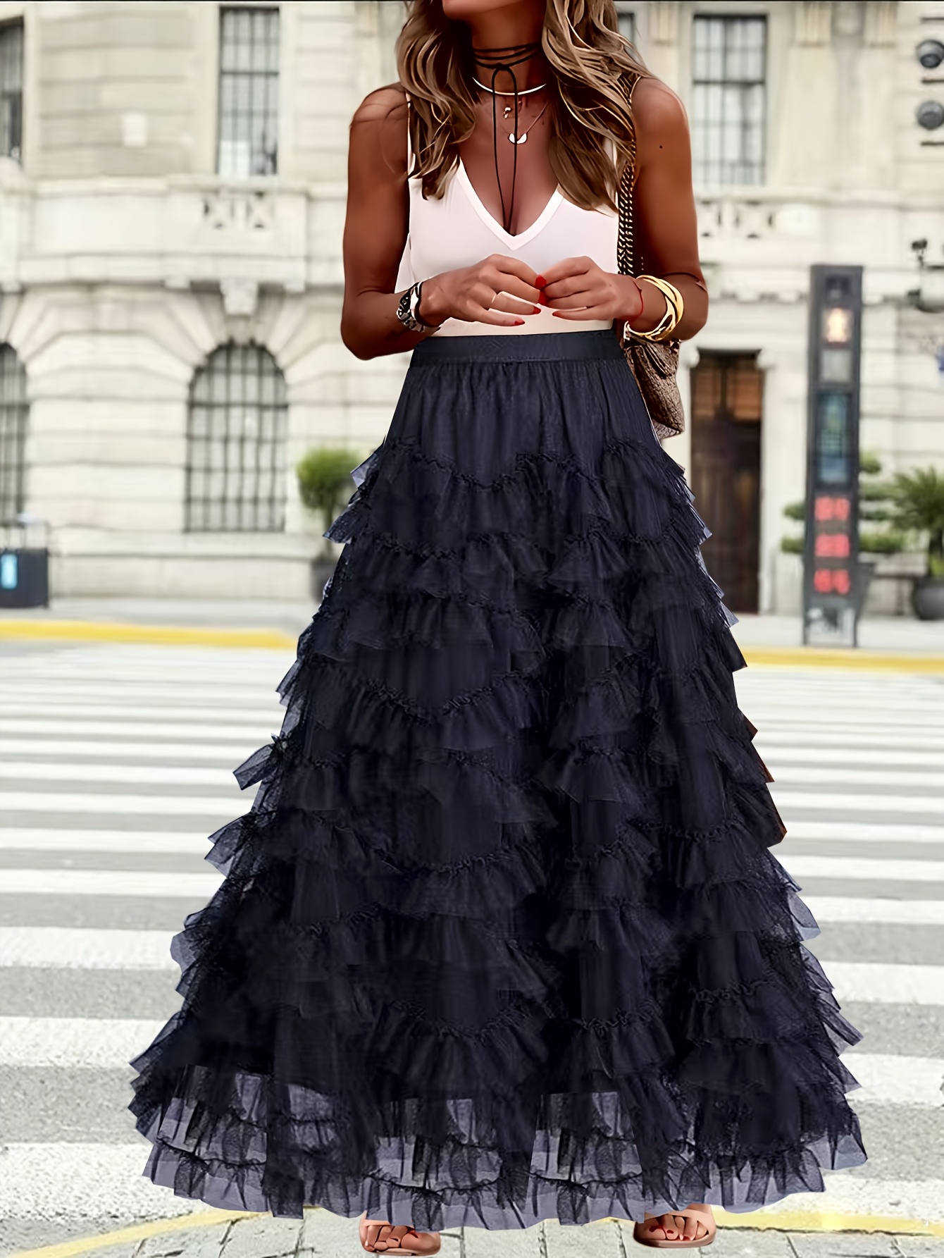 womens elegant high waisted maxi skirt flared layers flowy Temu