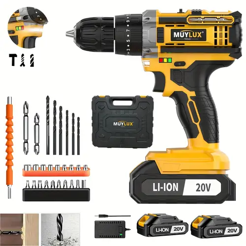 20v drill cordless set with 2 0ah lithium 18 3 torque settings 2 variable charger led light and keyless compact electric driver for diy garden home decoration furniture assembly and woodworking tools
