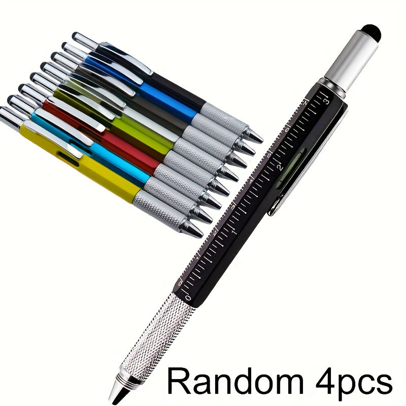 TEMU 4pcs 4pcs 6-in-1 Pocket Pen - Versatile Multitool With Level, Precision Screwdrivers, Stylus & Ruler - Durable And Portable For Repairs And