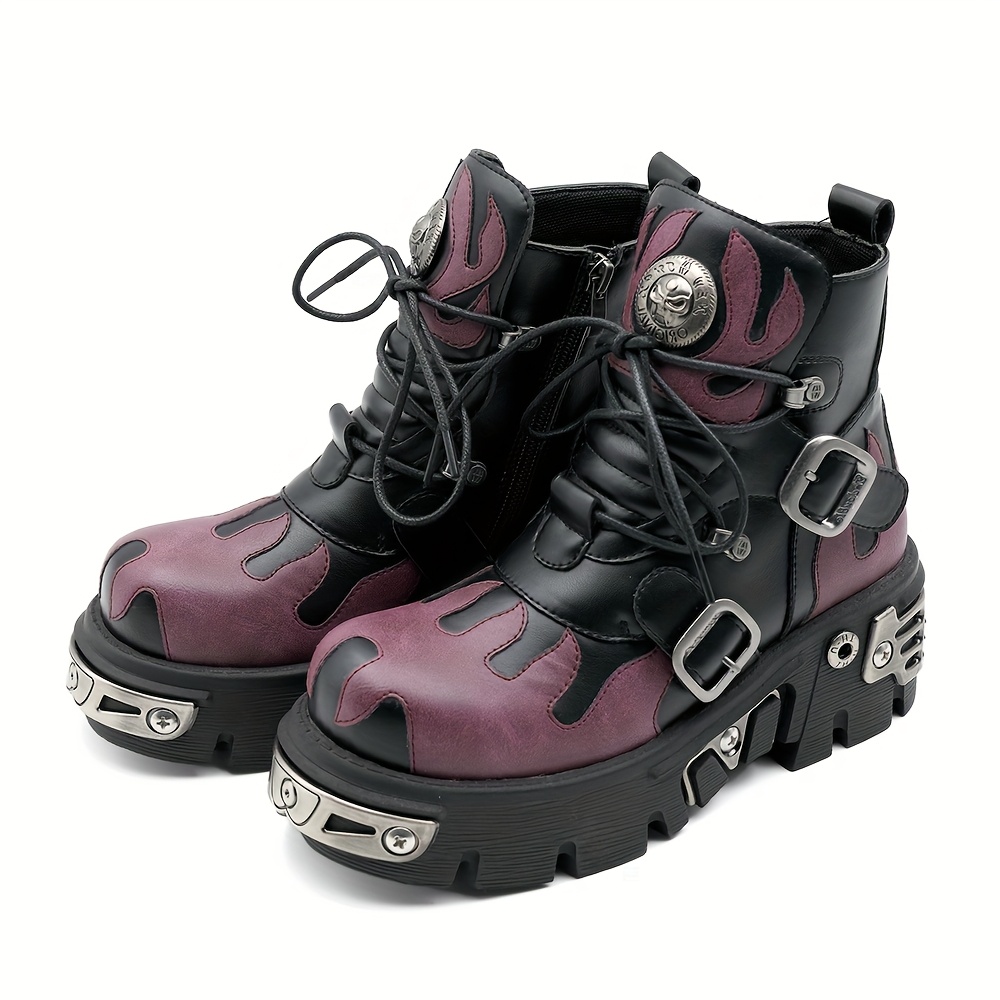 Womens Boots New Rock Purple Flame Boots Women's Chunky Platform