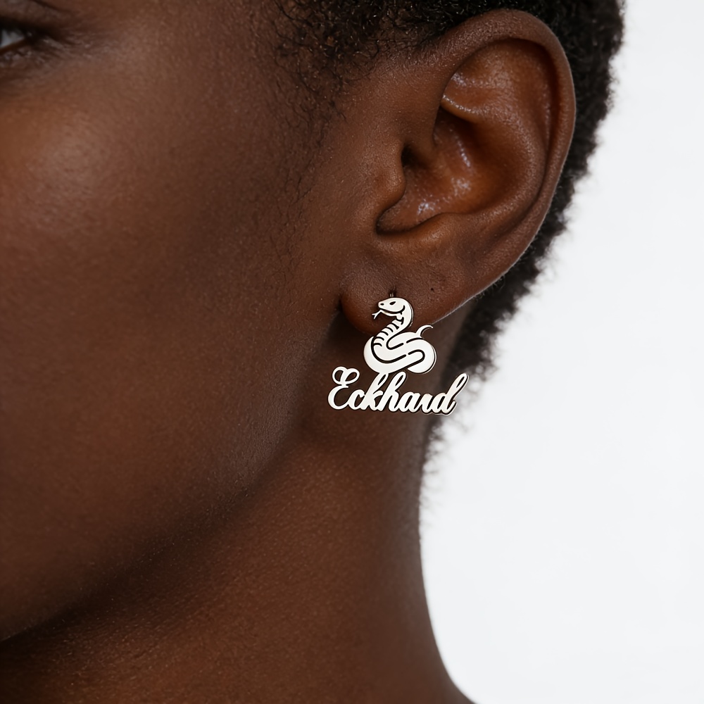 Custom Name Golden Snake Earrings, Personalized Cartoon Cobra Studs