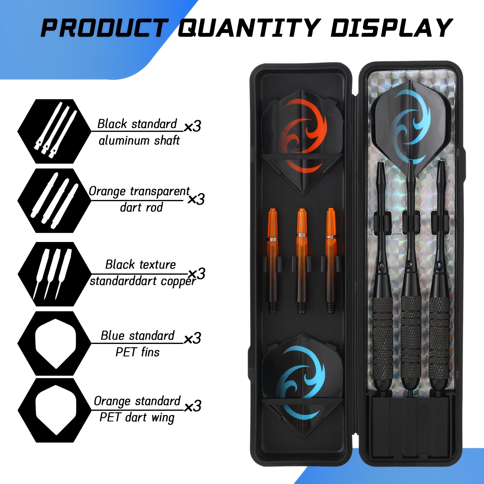 Een 24-gram ijzeren dartset, ontworpen voor professionele competitie, met een antislip textuur voor een betere grip. Het bevat drie zwarte aluminium schachten en drie oranje doorzichtige zwarte schachten.