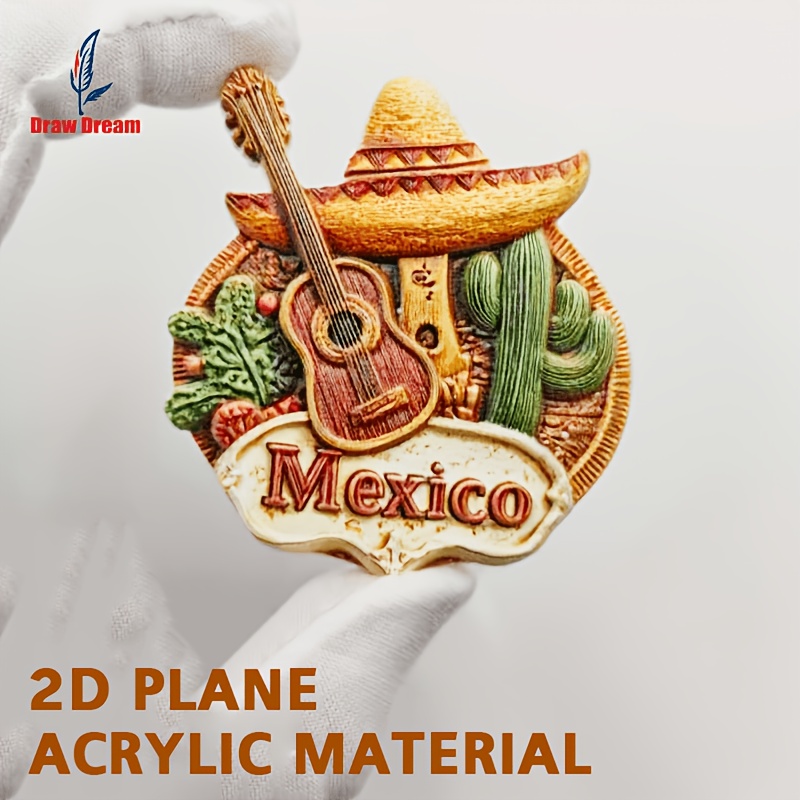 TEMU 2d Flat Single Piece Mexican Guitar And Cowboy Hat Fridge Magnet | 2d Three-dimensional Souvenir, Hexagonal Polystyrene Material, Suitable For