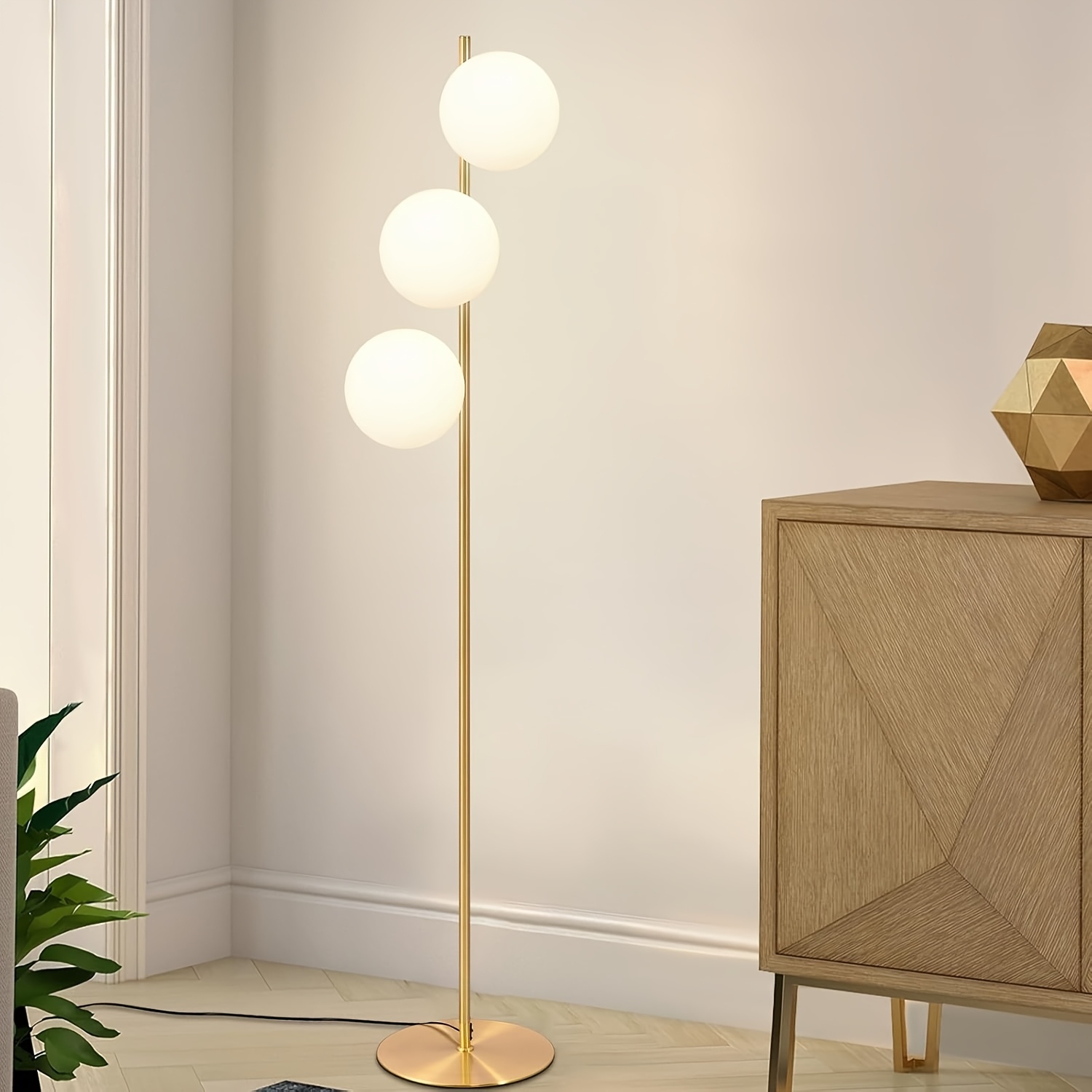 Image of Modern Living Room Floor Lamp – Golden Industrial-style Floor Lamp, 3-bulb Design, White Glass, E27 Lamp, Suitable For Bedrooms And Offices. Bulbs Not Included.
