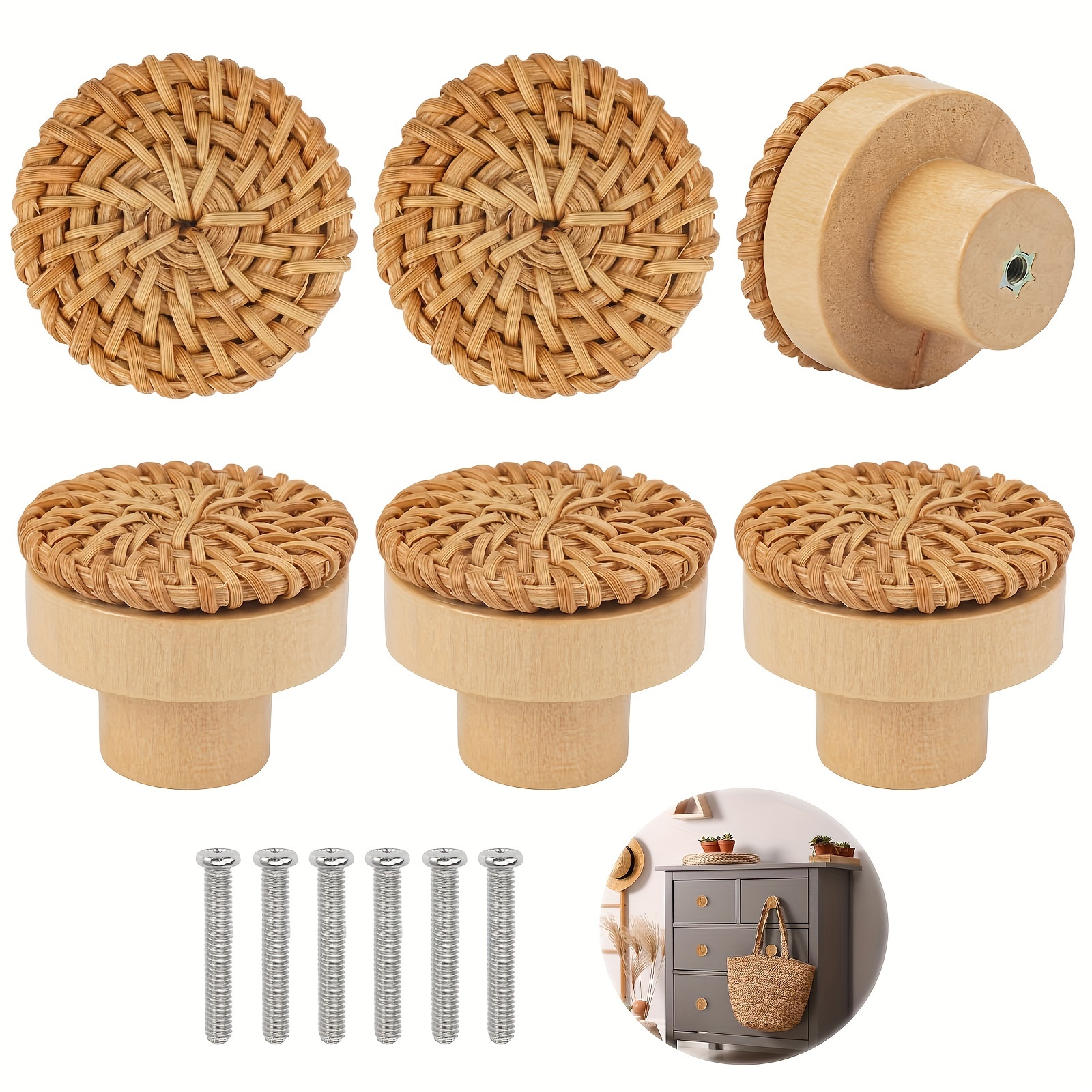 

6-pack Natural Rattan Woven Wood Knobs, Round Cabinet Pulls With Stainless Steel Screws For Drawers, Living Room And Kitchen Cabinets, Unfinished Handcrafted Wooden Drawer Handles