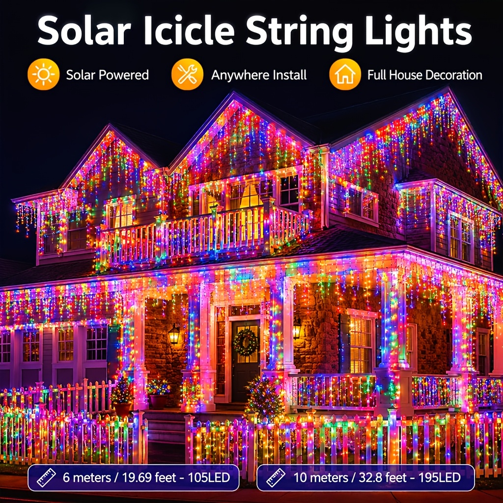 TEMU Christmas Outdoor Icicle Lights 6 Meters/19.69 Feet 105led 10 Meters/32.8 Feet 195led Christmas Lighting Solar 8 Modes For Christmas , Parties,