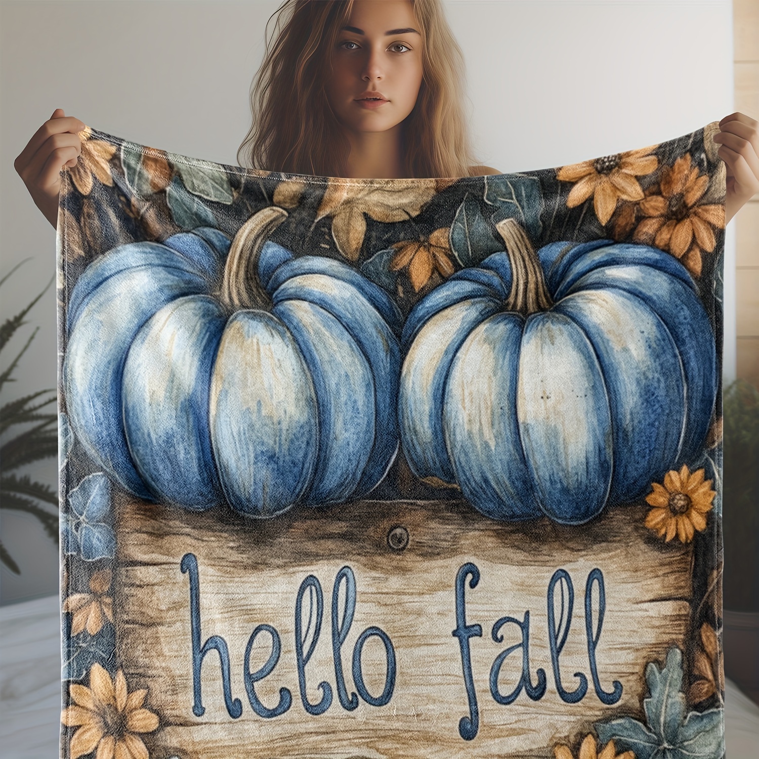 

Contemporary Hello Fall Pumpkin Print Flannel Throw Blanket, Soft Cozy Knitted Multipurpose Digital Printed Polyester For Couch, Bed, Office, Travel, Gift, Suitable For All Seasons