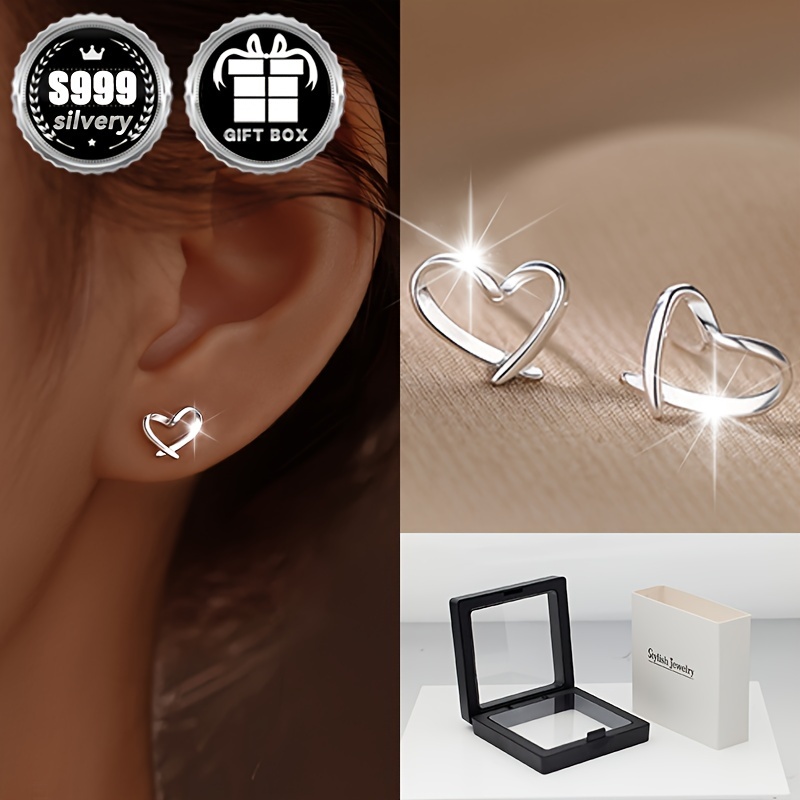 

2pcs Women's Fashion Earrings Classic Simple Romantic Hollow Love Earrings 999 Silver Total Weight 0.6g Gift Box Packaging Good Gift For Daily Commuting, Parties And Banquets