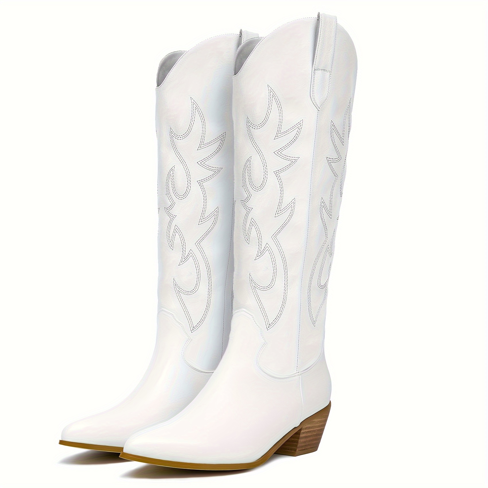 

Women's , Embroidered Knee High Cowgirl Boots, Classic Almond Pointed Toe Chunky Heeled Western Boots