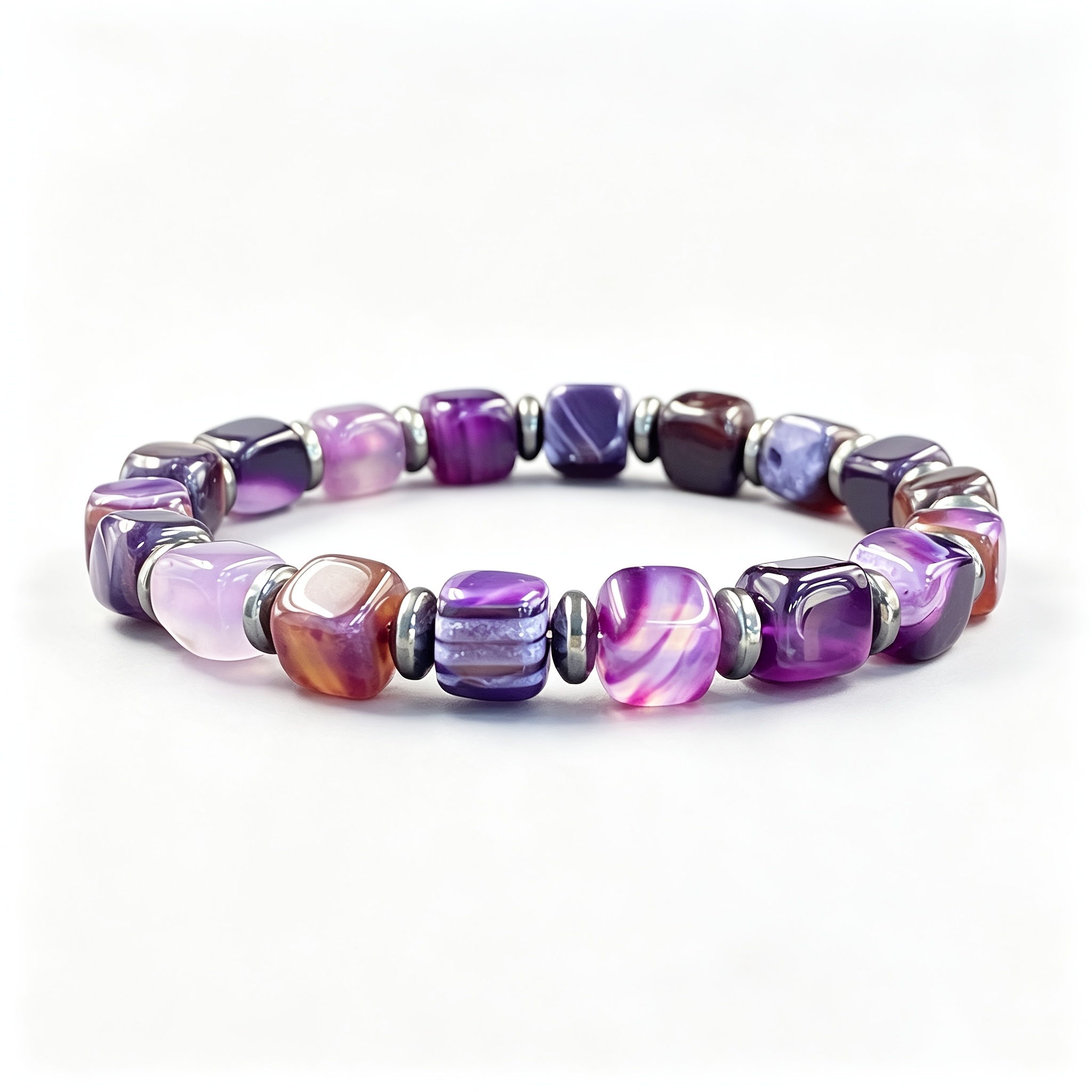 TEMU 1pc Natural Purple Striped Agate Casual Bracelet, Intelligent Protection, Elastic Charm Bracelet, Fashionable Couple Accessory, Suitable For