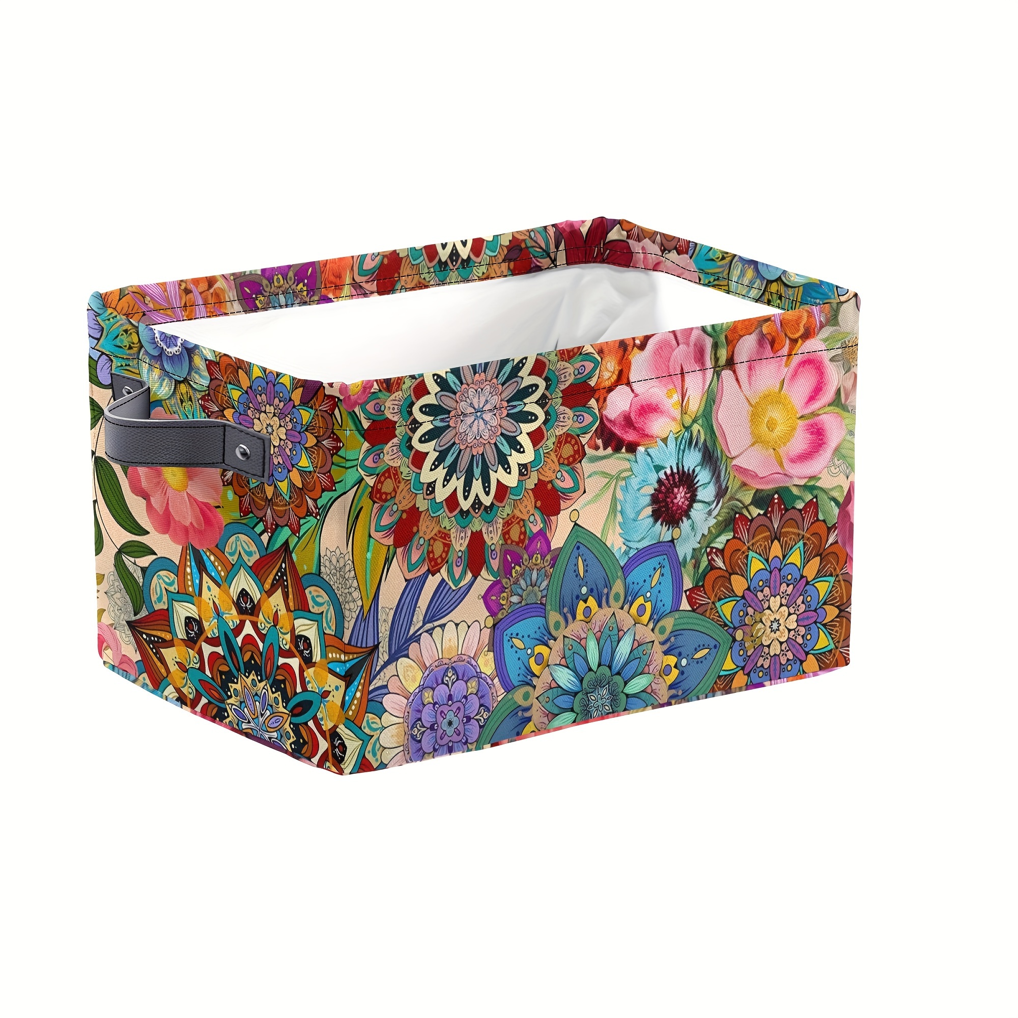 

1pc Bohemian Floral Printed Storage Basket - Large Foldable Organizing Basket With Handle For Clothes, Toys, Etc. - For Home, Office, Bedroom And