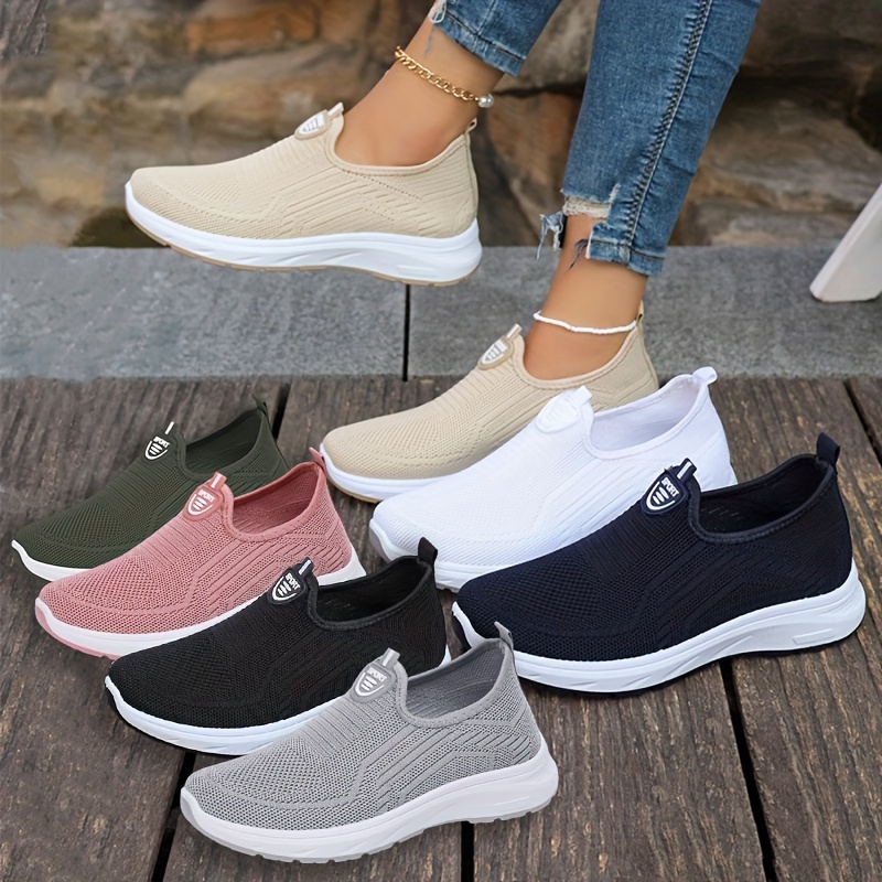 1 pair womens breathable knit sneakers non slip comfortable soft sole lightweight low top daily shoes for stylish casual outdoor walking