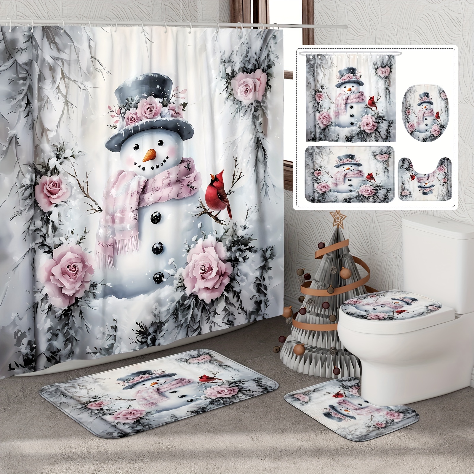 

1/4pcs Christmas Snowman Curtain Set Curtain And Rugs Polyester For Bathroom Or Decor 12 Bath Mat Lid Mat