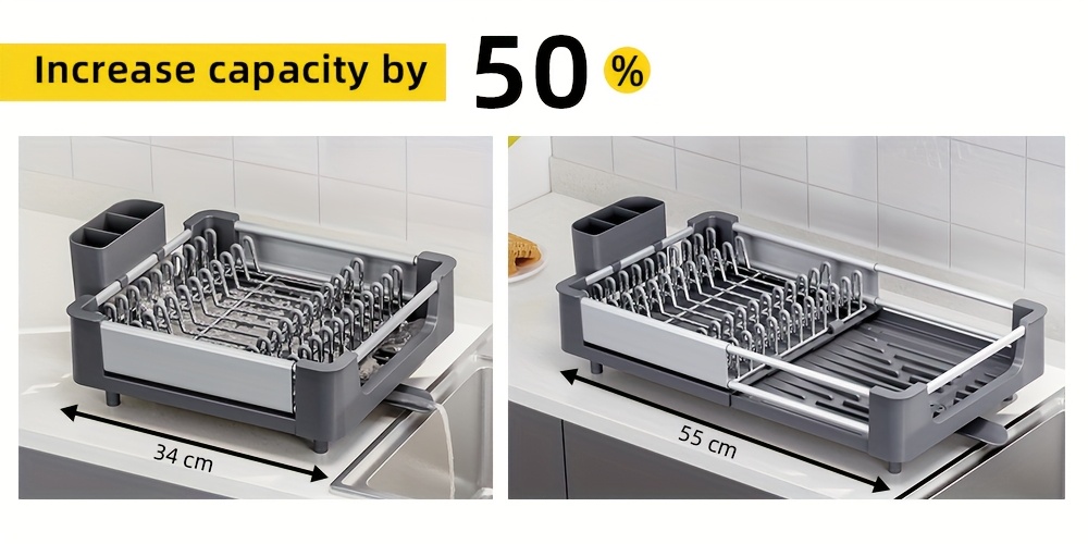   expandable foldable dish drying rack with cutlery holder swivel drain spout adjustable space saving aluminum kitchen organizer compact storage grey sleek     water drainage dish drying rack for kitchen counter Product details 2