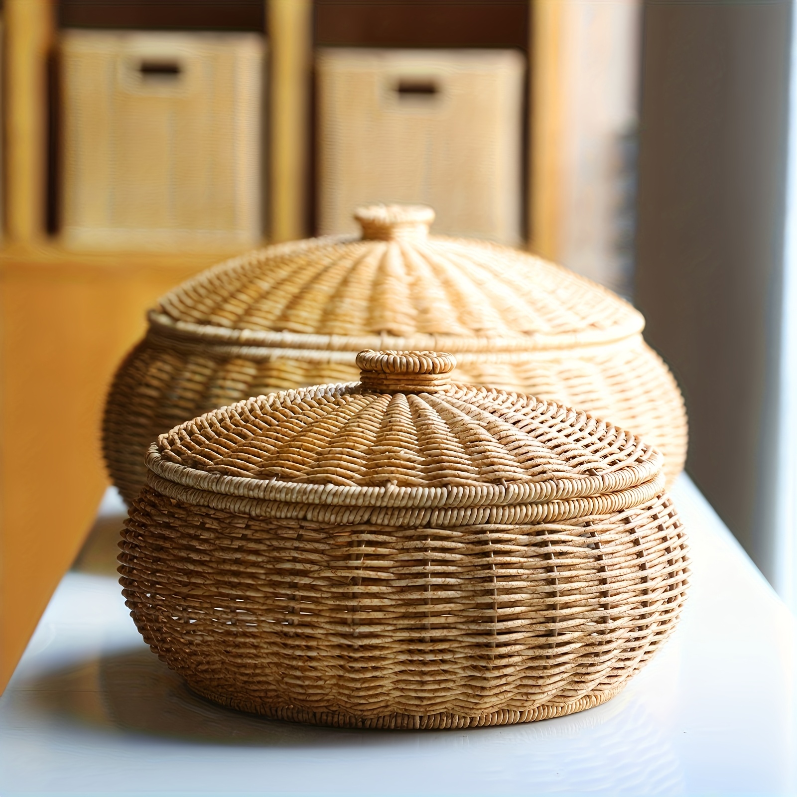 Handwoven Storage Basket with Lid - Large Boho Desktop Organizer Bin for Bedroom, Closet And Makeup Jewelry Storage, Woven Decorative Box, Shelf Baskets