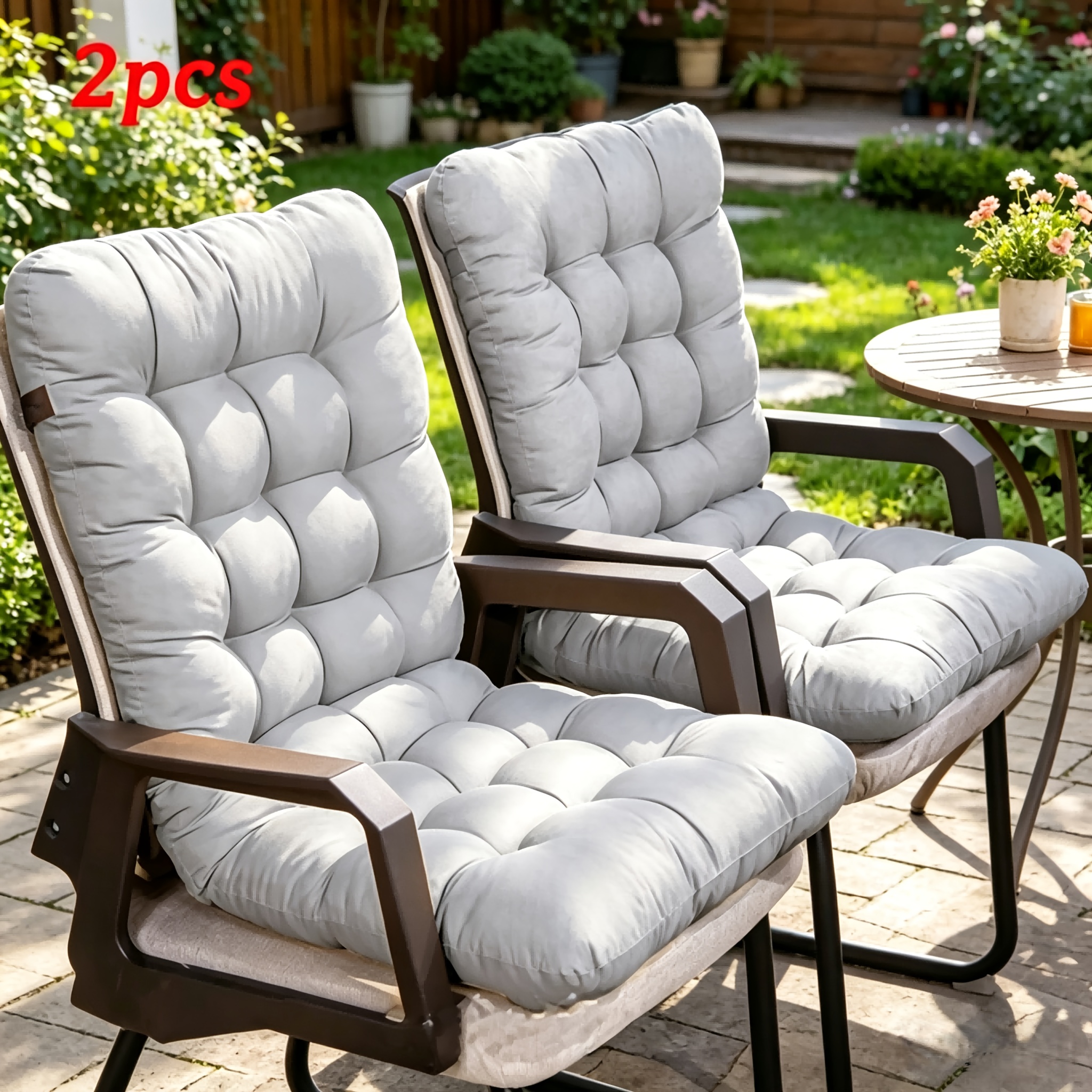 TEMU 2pcs Thickened Polyester Fiber Lounge Chair Cushions — Comfortable And Soft, Washable, With Securing Straps, Full-wrap Backrest Fabric Seat